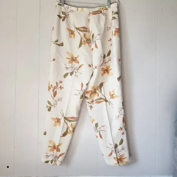 Annie Alexander Floral Wide Leg Hise Rise Linen Pants 14 Cream Orange Trousers - Picture 7 of 9